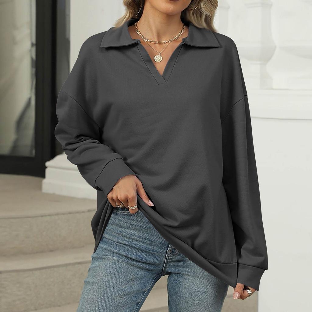 Women's Fashion Oversized Solid Color V-Neck Sweatshirt Long Sleeve Casual Top