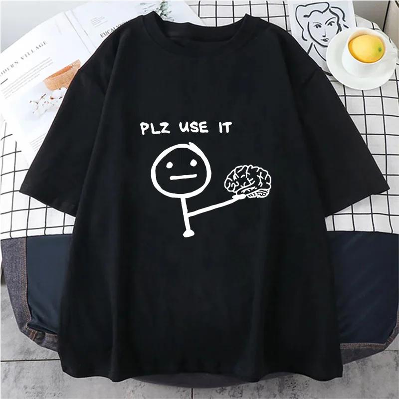 Neues Herren Freizeit Grafik T-Shirt "Bitte benutzen" Cartoon Gehirn Design Kurzarm Rundhals Lockerer Schnitt für Sommer Herren Damen T-Shirts