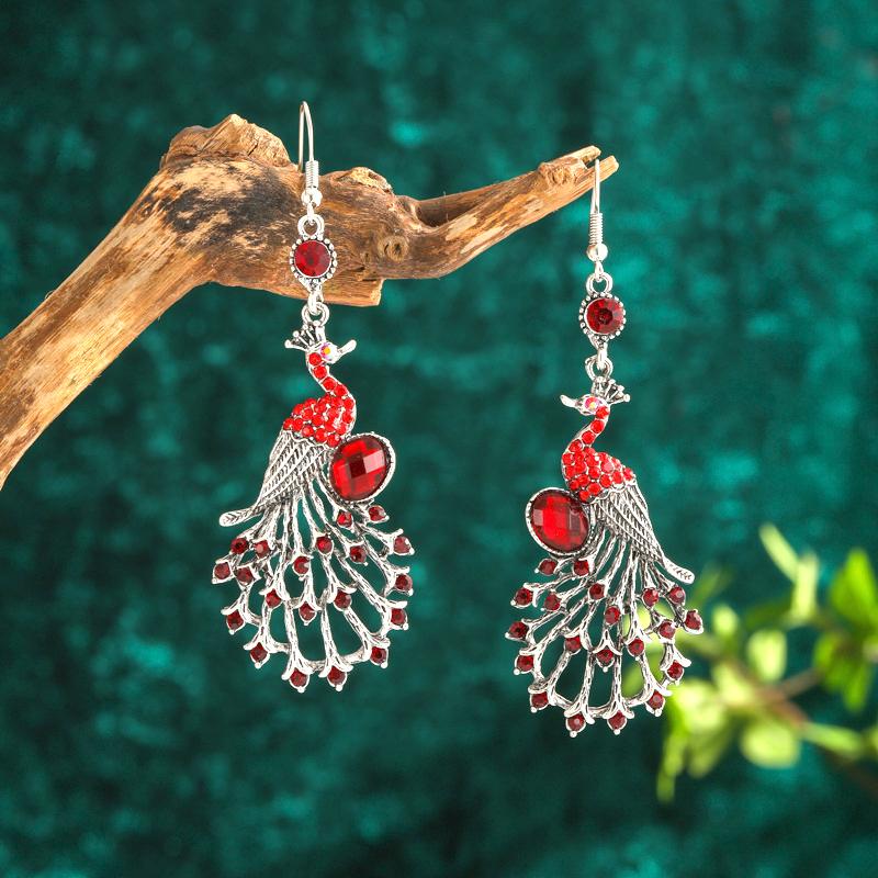 Vintage Ethnic Colroful Rhinestone Peacock Dangle Earrings For Women Long Classic Silver Color Animal Earrings Female Jewelry