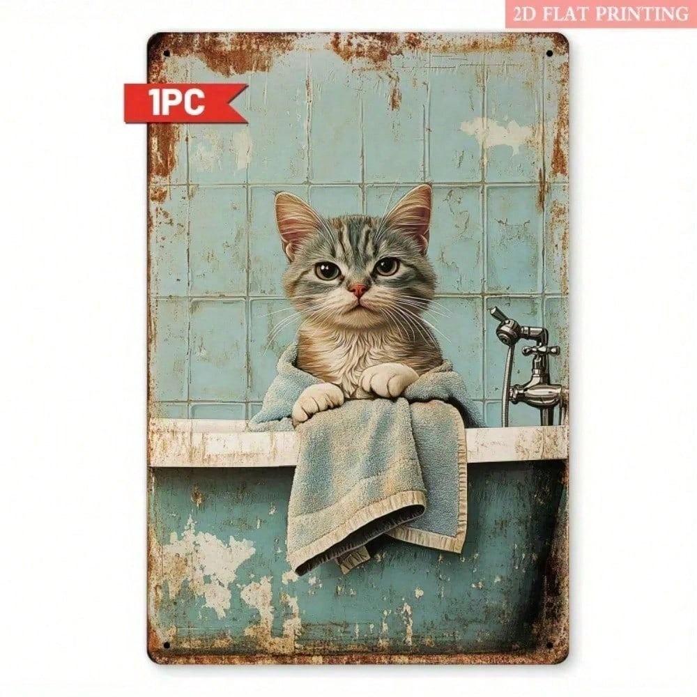 Vintage Cat Metal Wall Sign, Iron Art for Bathroom Decor