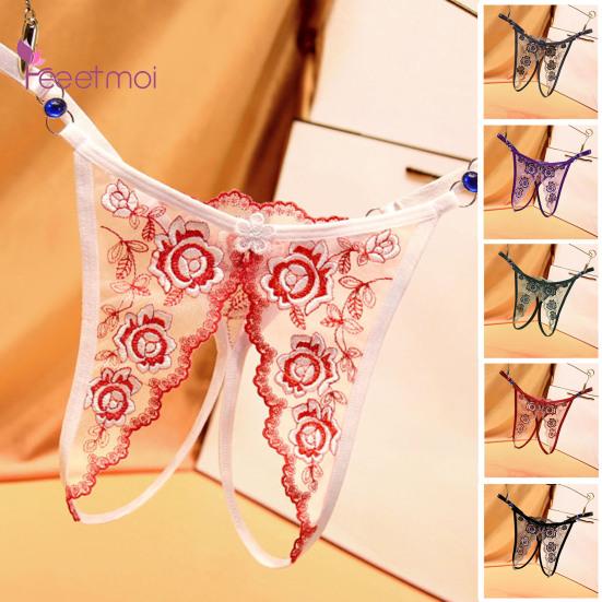 Women Panties Crotch Adjustable Strap Hollow Out Slutty Thin Open Stretchy See-through Lace Flower Embroidery