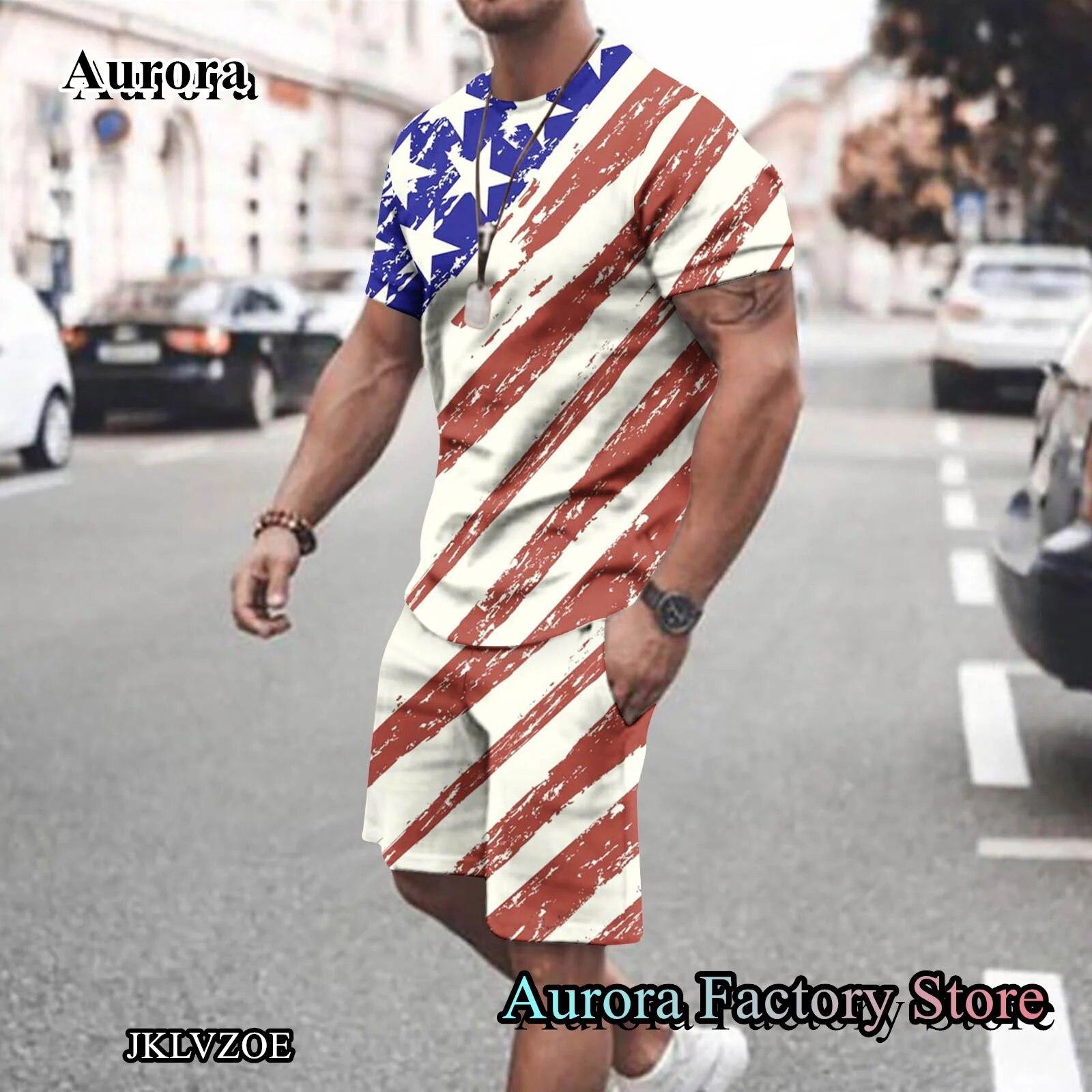 

Мужской летний модный спортивный костюм, комплект из 2 предметов, футболка, шорты, повседневный комплект одежды, мужской костюм с 3D принтом американского флага, костюм оверсайз XL