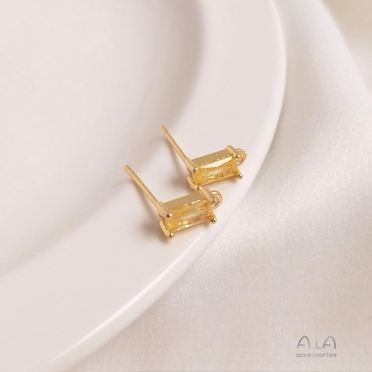 14K Gold-Plated Silver Studs with Rectangular Zircon and Colorful Hanging Ear Pins for DIY Accessories