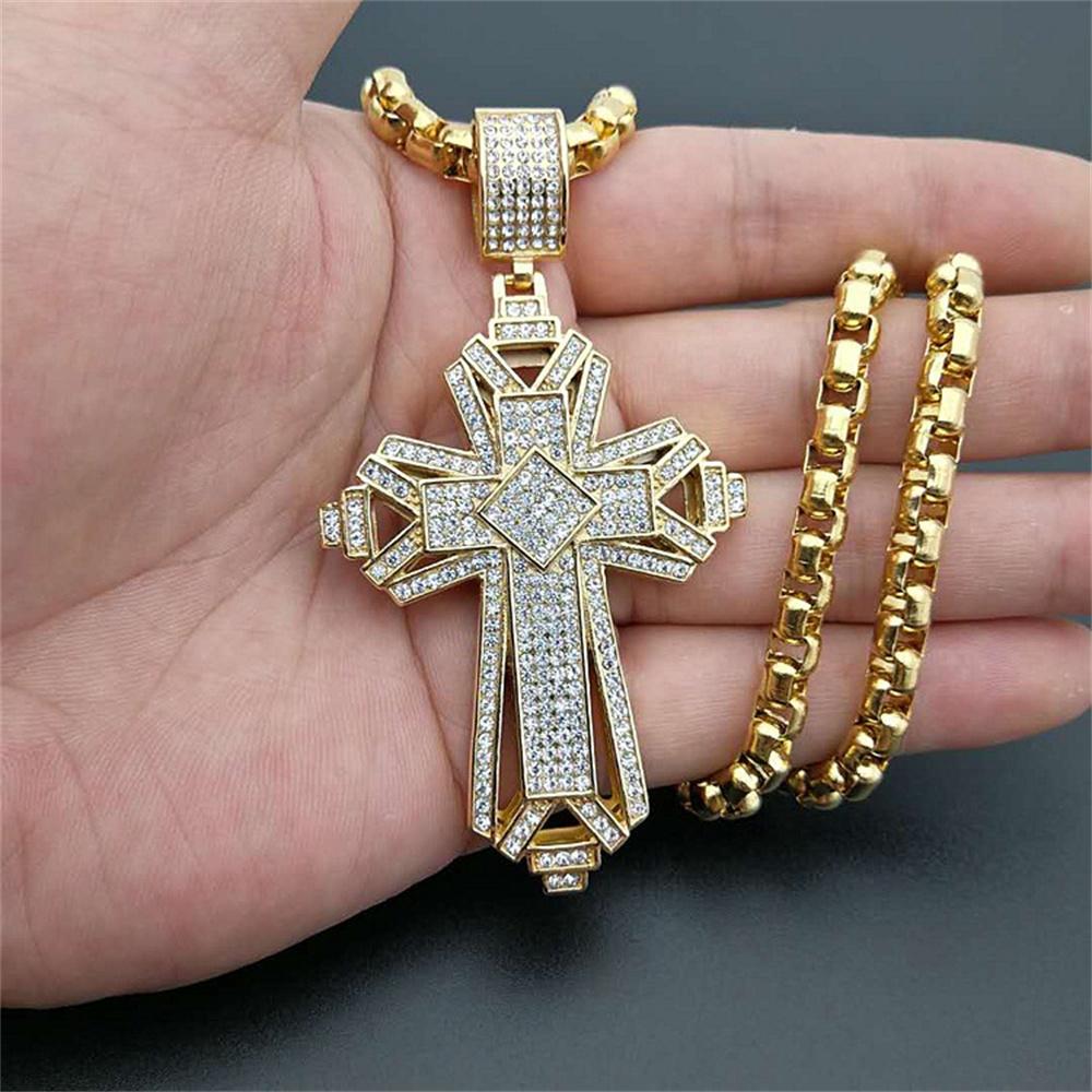 Hip Hop Iced Out Bling Jesus Cross Pendant Gold Color Stainless Steel Christian Big Necklace for Men Religious Jewelry Male Gift