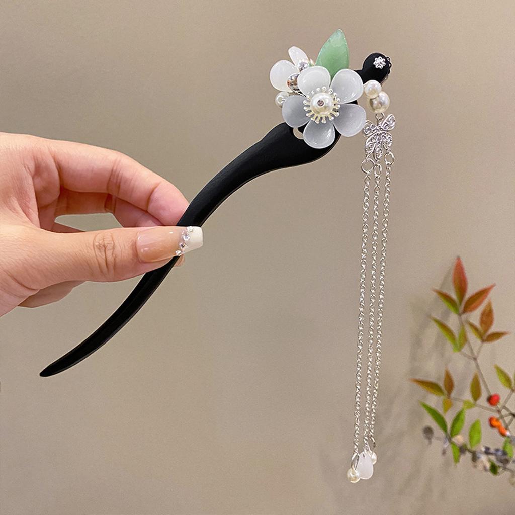 Wooden Hair Sticks Forks White Flower Designs Pearls Pendant Hairpins Women Ponytail Holder Bride Wedding Elegant Hair Bun Maker