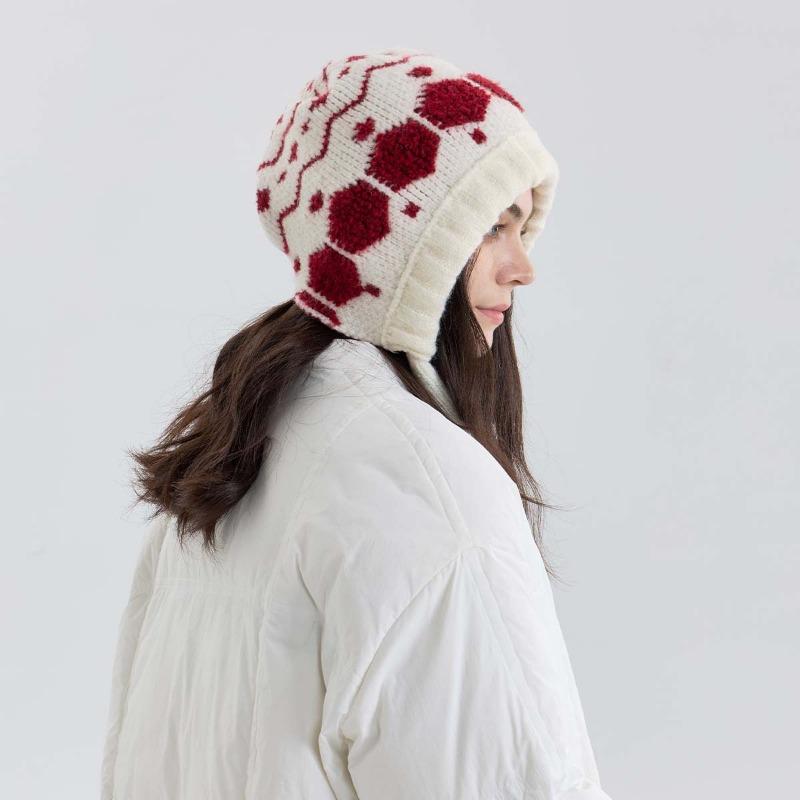

Hexagonal snowflake knitted hat children autumn and winter loose big head circumference warm strap bag head wool hat