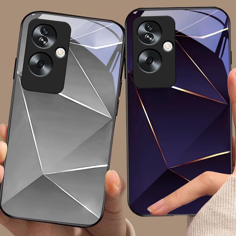 Geometric Prism For Oppo A79 5G 58 78 74 60 4G Reno 11F Realme GT 6 11 Note 50 10 C55 X2 Tempered Glass Black Phone Case