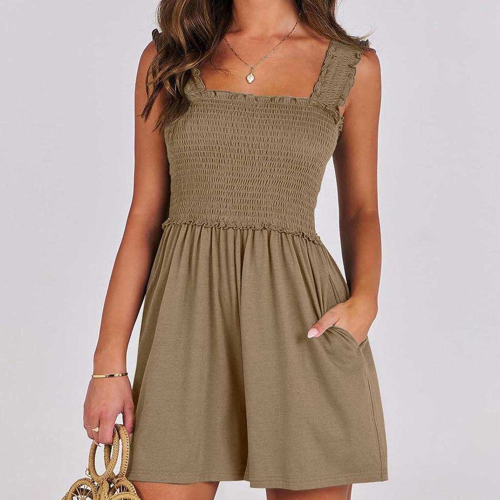 2026 New Lightweight European & American Sleeveless Square Neck Smocked Jumpsuit with Wide-Leg Shorts