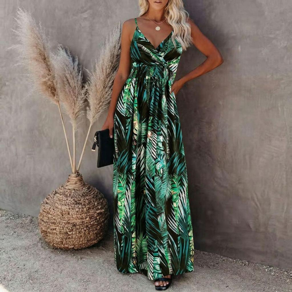 Women’s Floral Print Maxi Dress Sleeveless V Neck Adjustable Spaghetti Strap Long Summer Dress Casual Loose Fit Beachwear