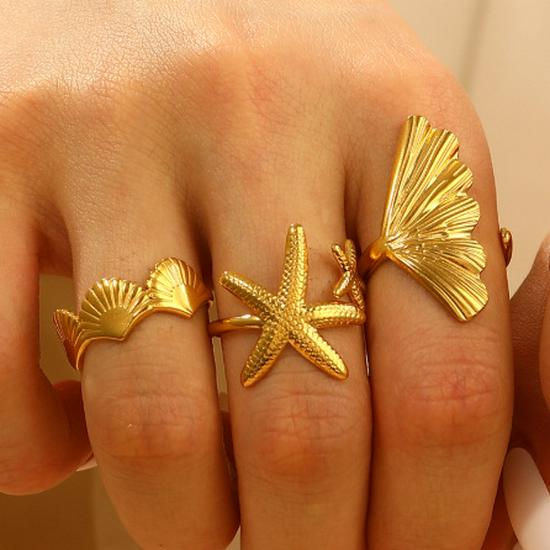 Stainless Steel Starfish & Seashell Open Ring - Ocean Holiday Style Jewelry for Women