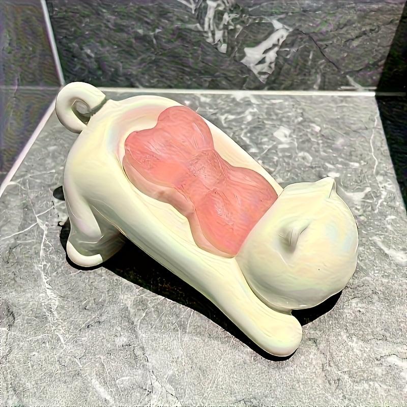 Adorable Cartoon Cat Soap Dish Holder - Glossy White & Pink Plastic Bathroom Storage for Soap & Sponge, Cute Decorative Drainage Design