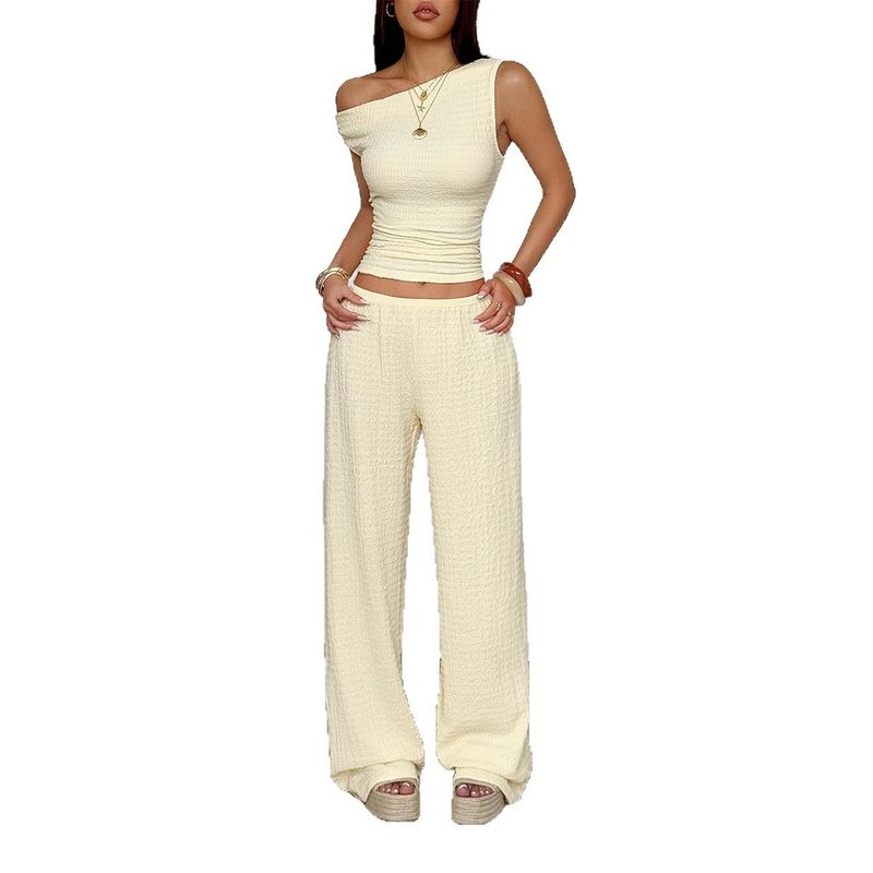 Shoulder Slimming T-shirt and Pants Set Slim-Fit Oblique Shoulder T-shirt Pants Suit
