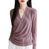 Women's V-Neck Long Sleeve Mesh Base Layer Top - Fashionable Age-Defying Crossover Neck Solid Color T-Shirt