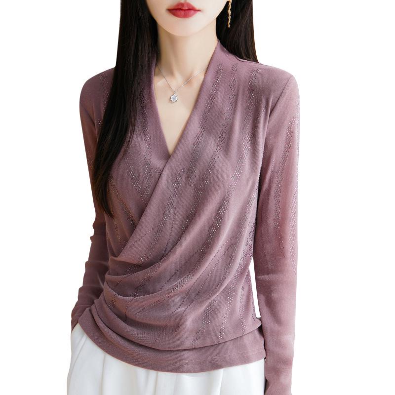 Women's V-Neck Long Sleeve Mesh Base Layer Top - Fashionable Age-Defying Crossover Neck Solid Color T-Shirt
