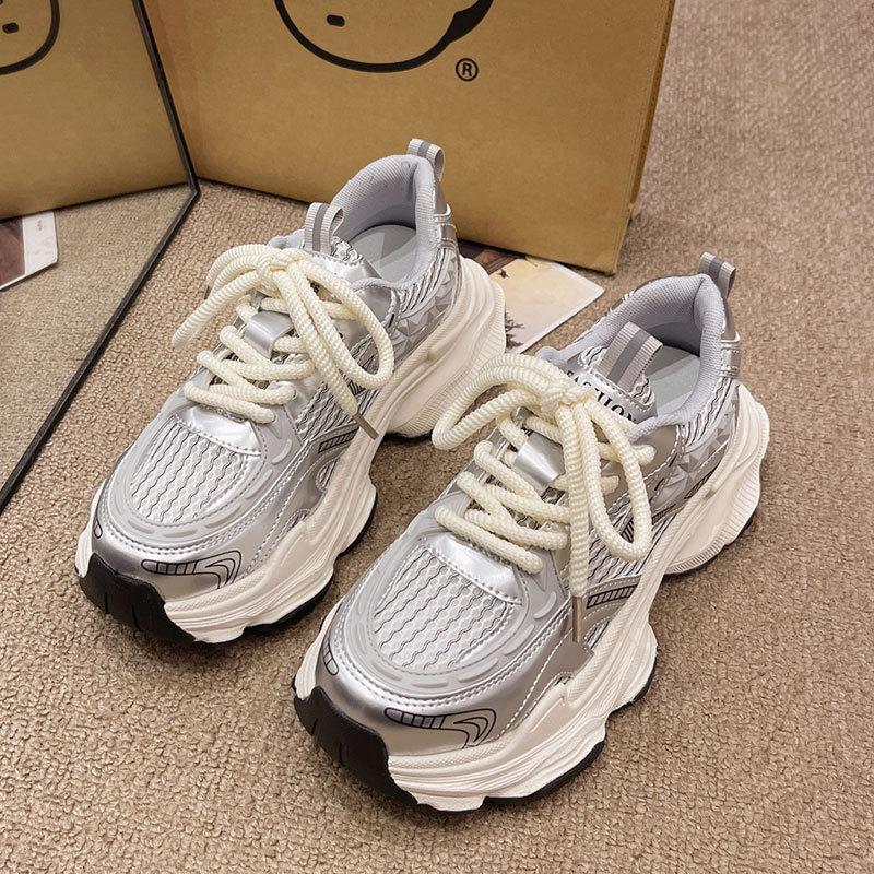 Fried Street Platform Dad Shoes Women's Height Increase Versatile Casual Shoes New Spring and Autumn Breathable Silver Sneakers