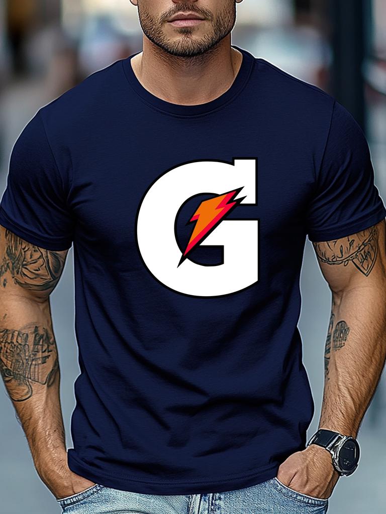 Mens Summer Sport TShirt Letter G Lightning Print Short Sleeve Round Neck Breathable Oversized Dynamic Daily Wear