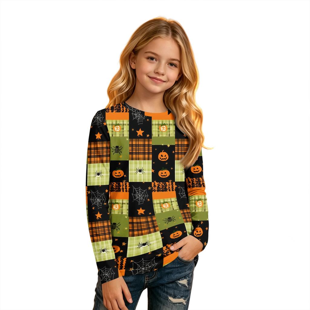 Kids Long Sleeve T-Shirt with Halloween Print, Round Neck, for Boys and Girls