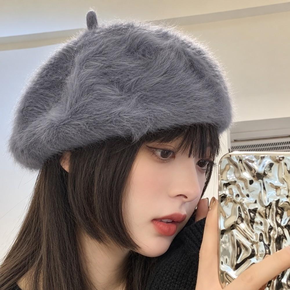 Soft Pumpkin Painter Cap Solid Color Plush Octagonal Cap Elegant Faux Mink Beret Autumn