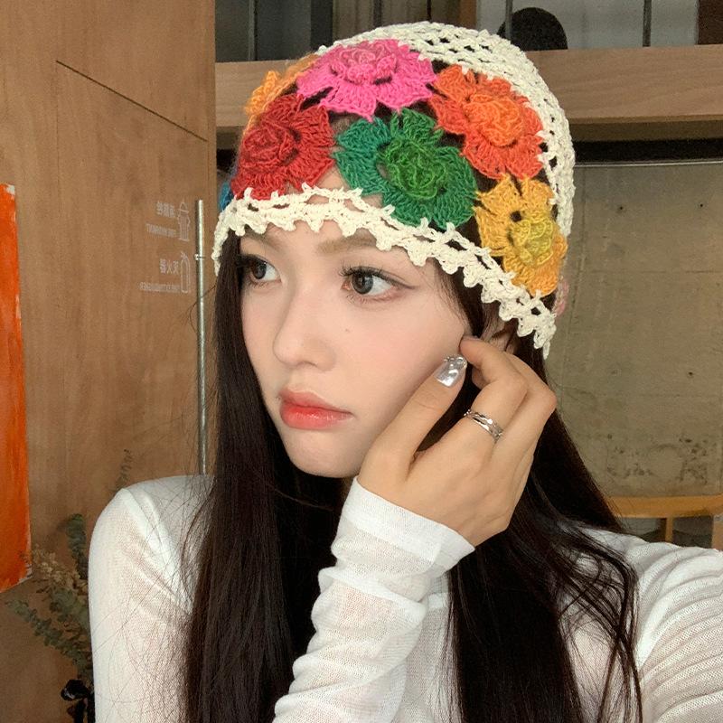 Literary and Artistic Color Knitted Hollow Flower Headgear Women's Summer Thin Cute Niche Hat Tide
