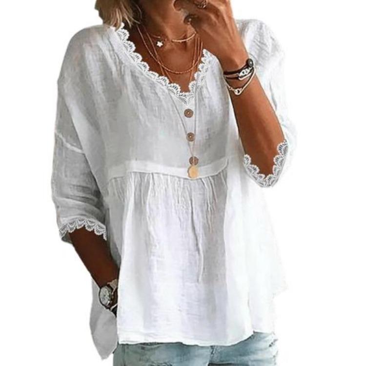 Loose Fit V Neck Casual Shirt Women 3 4 Sleeve Lace Splicing Top Solid Color Breathable Blouse