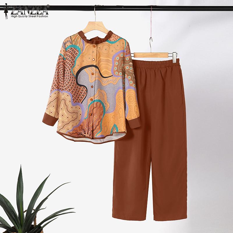 

ZANZEA Женская блузка с принтом и брюки повседневный комплект из двух предметов S зелёный