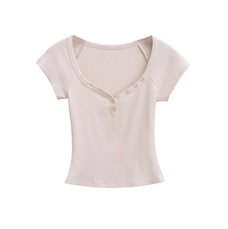 Summer New Female Spice Girls Solid Color V-neck Short-sleeved T-shirt Pure Desire Wind Slim Waist Elastic Tight Short Top