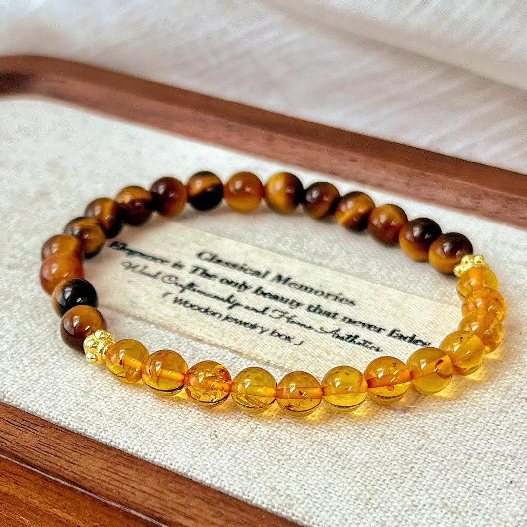 Vintage Autumn And Winter Maillard Style Natural Flower And Amber Beeswax Tiger S Eye Stone Bracelet Bracelet