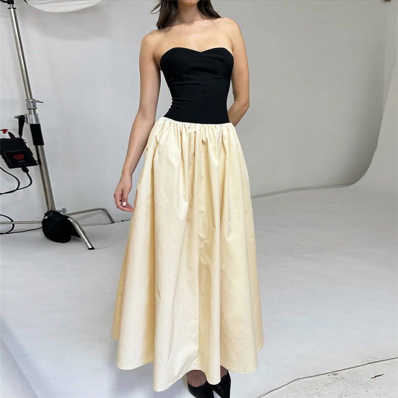 European and American Style 2024 Autumn New Cross-Border Women's Fashion Strapless Color-Blocking Pleated Slim-Fit Dress