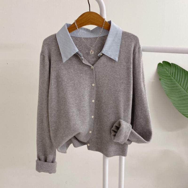Honey J Ball Bit Stripe Shirt Collar Layered Knit Cardigan 2 Color