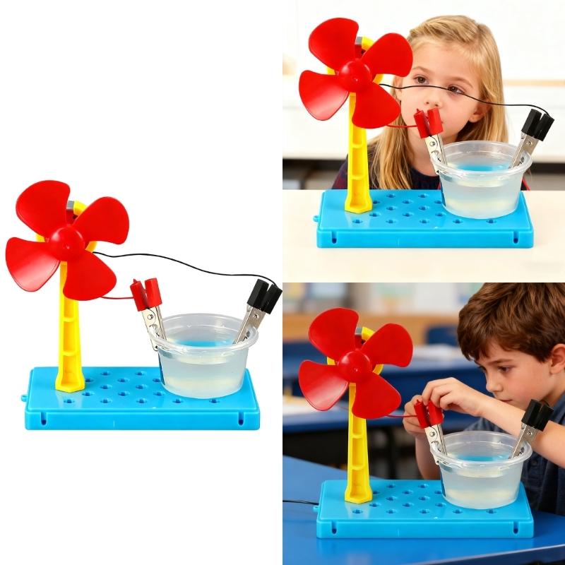 Science Demonstration Hand Making Saltwater Powered Generator Fan Set Enhancing Physics Education and Handcraft Skills
