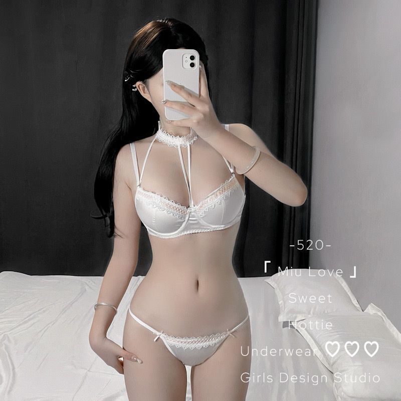 Sweet Coquette Halter Choker Satin Lace Bra Set, Push Up Inner Outer Wear Young Women Lingerie Set