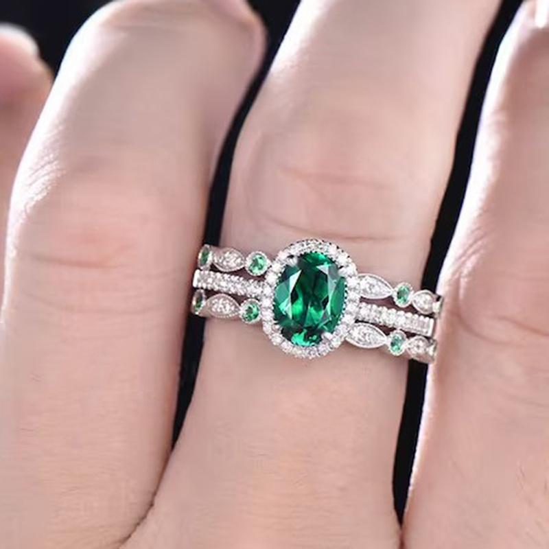 Huitan 3Pcs Set Oval Green Zirconia Rings Female Luxury Detachable Wear Lady Gorgeous Finger Accessories for Anniversary