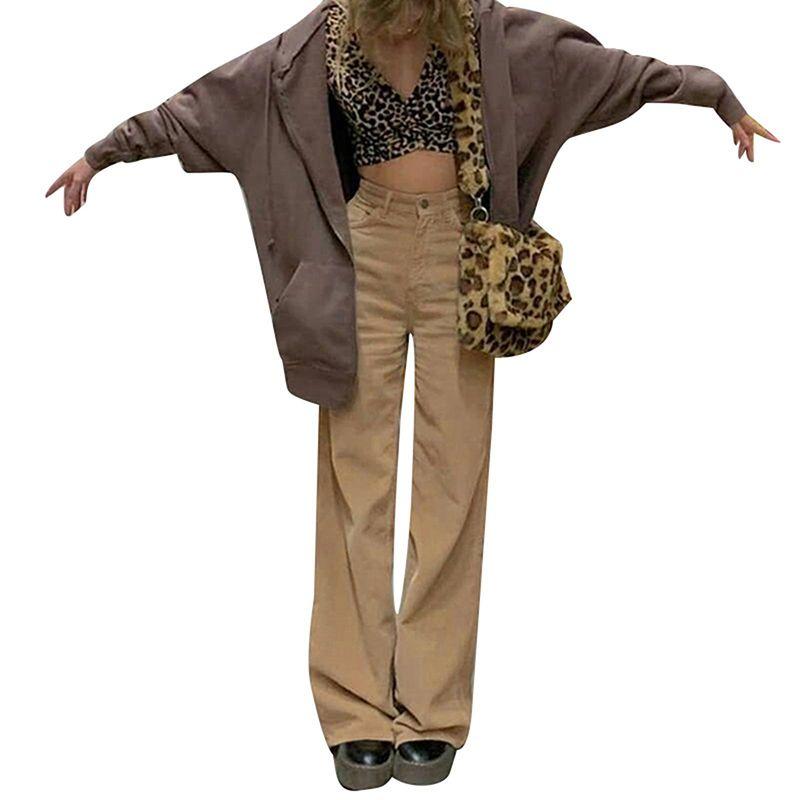 Color Solid Womens High Waist Wide Leg Slimming Casual Fashion Pants Corduroy