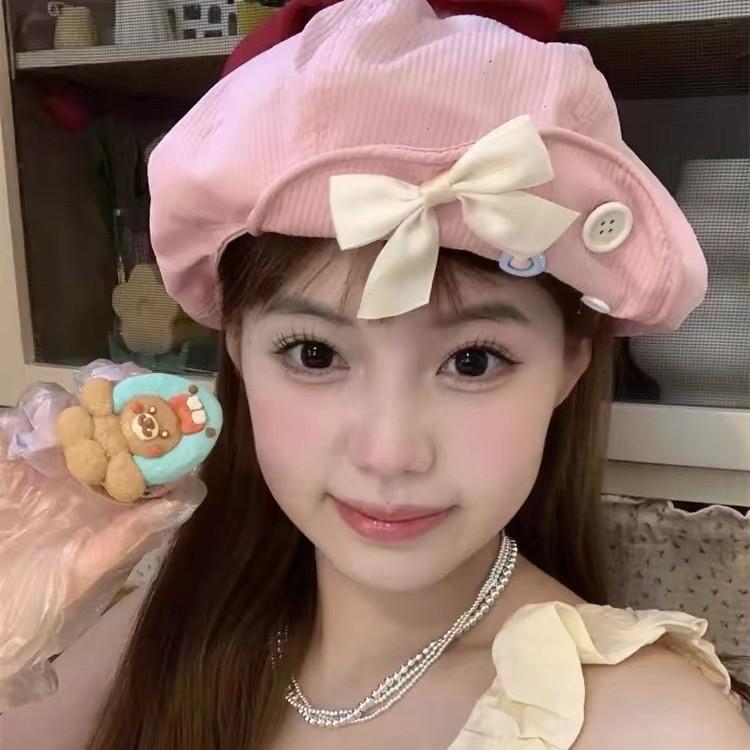 Stylish Japanese Sweet Bowknot Button Cloud Beret Hat For Women In Summer Lightweight Versatile Design