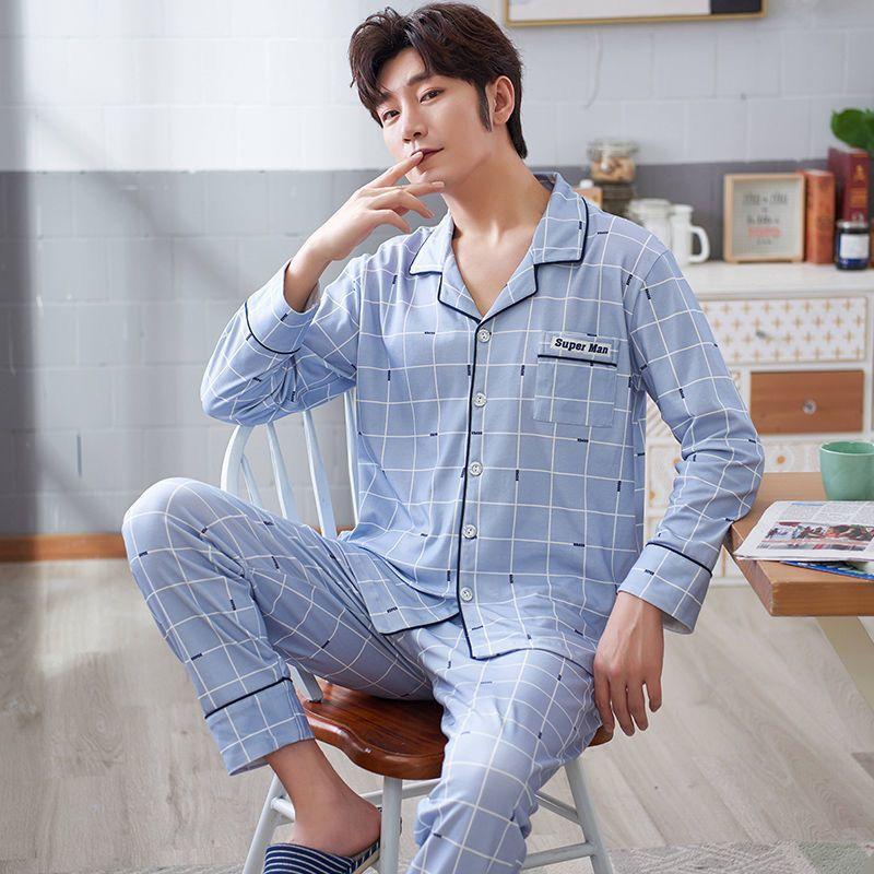 Men's 100% Cotton Long-Sleeve Pajama Set, Plus Size, Cardigan Style for Spring, Autumn, and Summer.