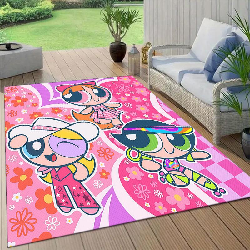 The Powerpuff Girls Flannel Pattern Square Carpet,Area Rug,Carpet Rug for Living Room Bedroom Sofa Playroom Decor,Non-slip Floor Mat