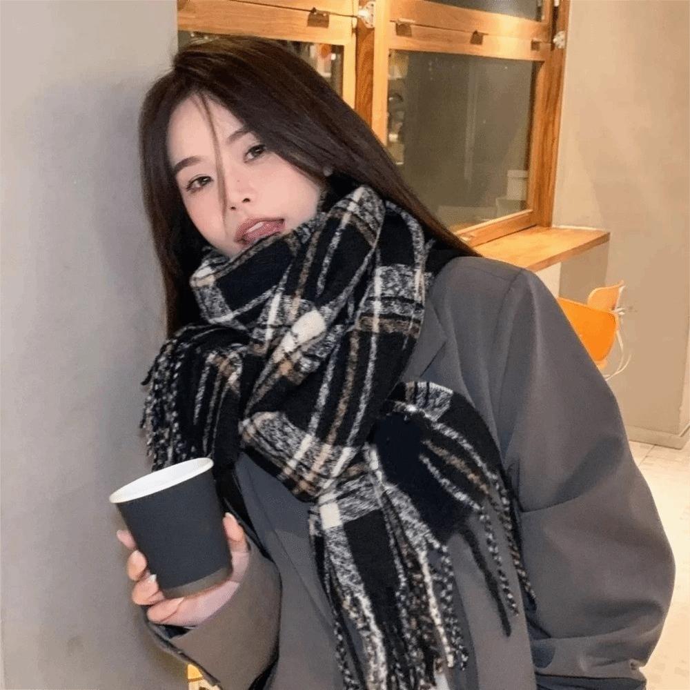 Plush Winter Cashmere Scarves Tassel Long Shawl Simple Plaid Wool Scarf Student