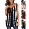 Women Vest Round Neck Buttons Half Placket Sleeveless Tank Tops US Flag Pattern Flowy Hem