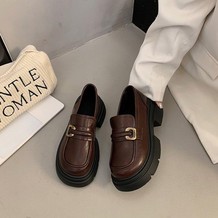 British style platform heightening small leather shoes women's French one-pedal not tired feet single shoes 2025 new black loafers