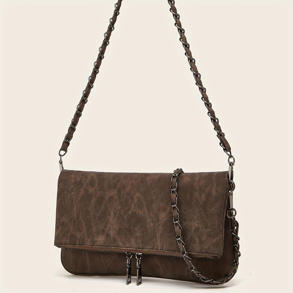 Retro-style Women's Chain Shoulder Bag with Detachable Shoulder Strap, PU Material Bag with Zipper Opening and Closing
