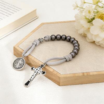 Handmade Alloy Cross Beaded Bracelet, Vintage Medal Charm Braided Rope Religious Wrist Ornament for Daily & Car Hanging