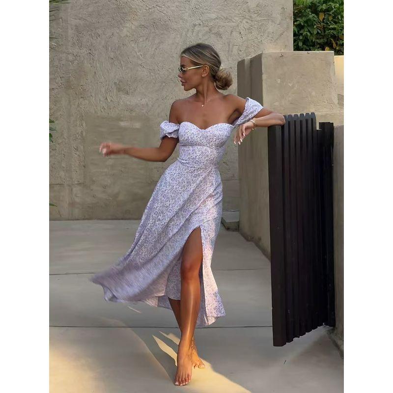 

Western Style New Sexy Floral Backless Split Vacation Dress Sexy Backless Slit Dress Purple M