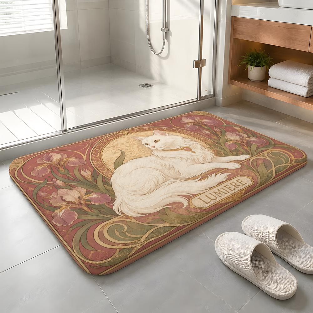 Golden Feline Elegance Floor Mat Machine Washable Soft Flannel Area Rug, Non-Slip Absorbent Floor Mat for Living Room Bedroom