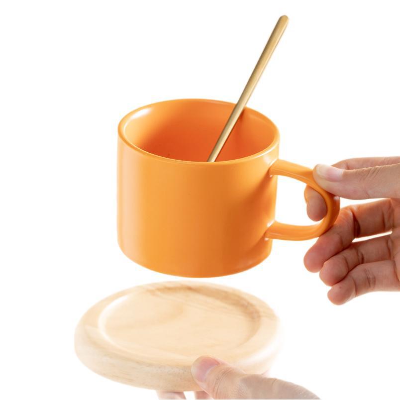 Candy Macaron Ceramic Cup, Water Cup, Coffee Cup With Oak Coaster Spoon.