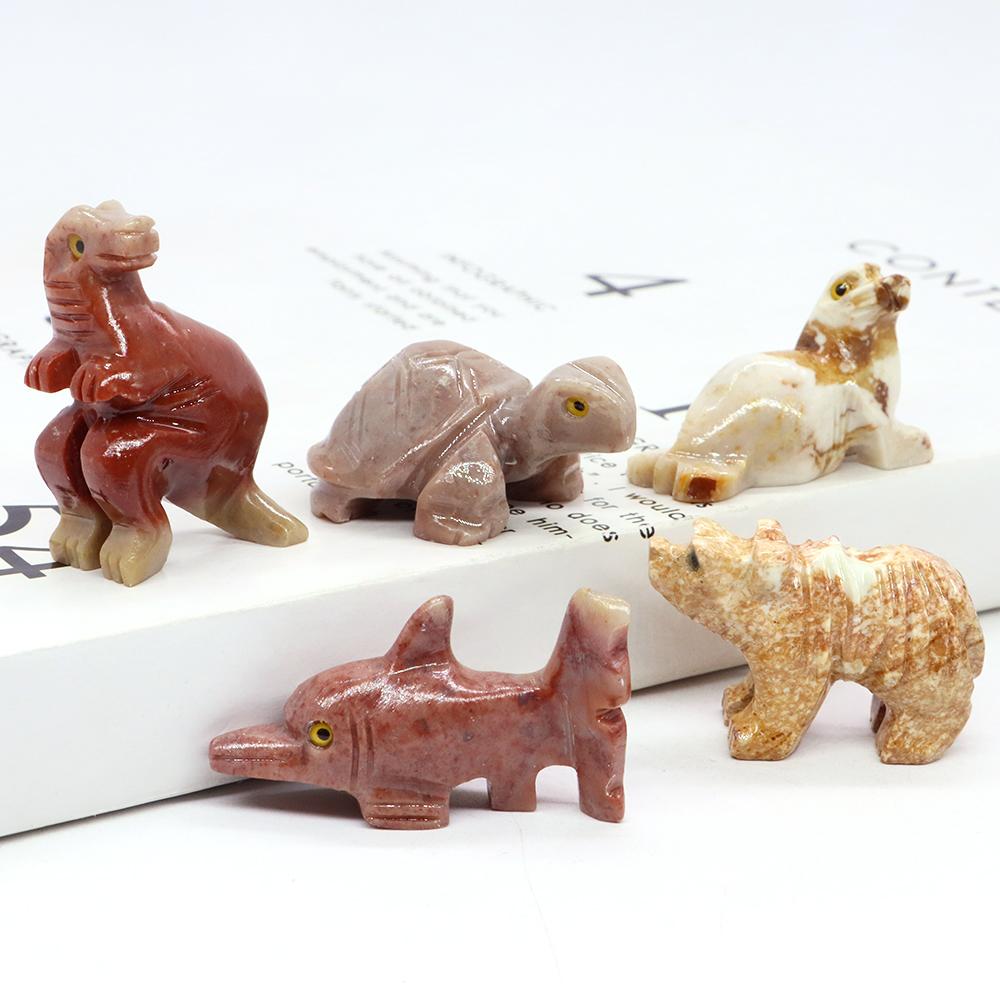 Mini Animals Frog Figurine Ornament Natural Shoushan Stone Carving Healing Crystal Fish Dinosaur Statue Room Desk Crafts Decor