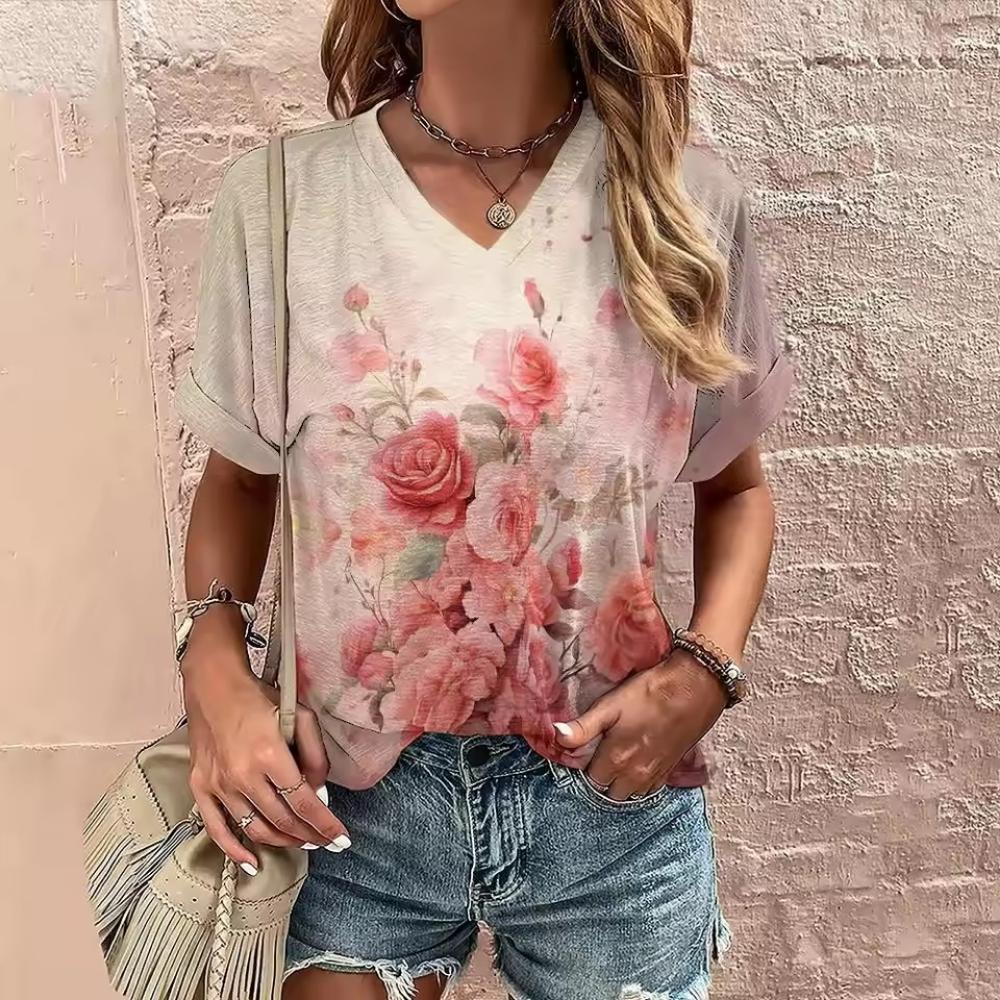 Women's Summer V-neck T-shirt Flower Printed Casual Tops Cubic Sleeve T Shirt Fashion Street Pullover OverSize Women's Clothing