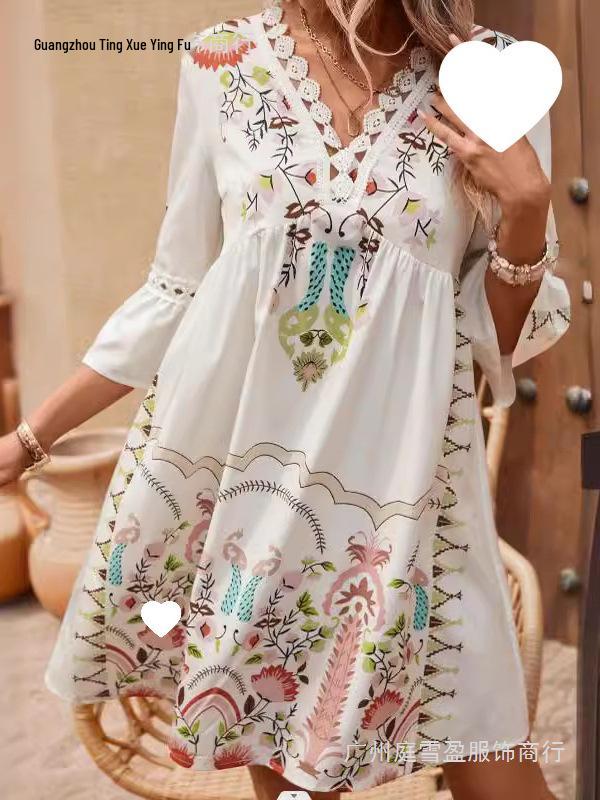 Women's Summer V-Neck Lace Patchwork Casual Printed Dress
