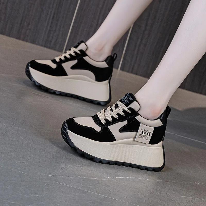 Fashion 8CM Chunky Women Sneakers Spring Autmn Retro Genuine Leather Lace-Up Ladies Sport Shoes Woman Casual Walking Platform Sneaker