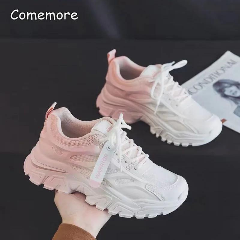 Fashion Comemore Thick Bottom Shoes Women 2025 Autumn Thick Mesh Breathable New Casual Gradient White Shoe Women's Sneakers Running Pink