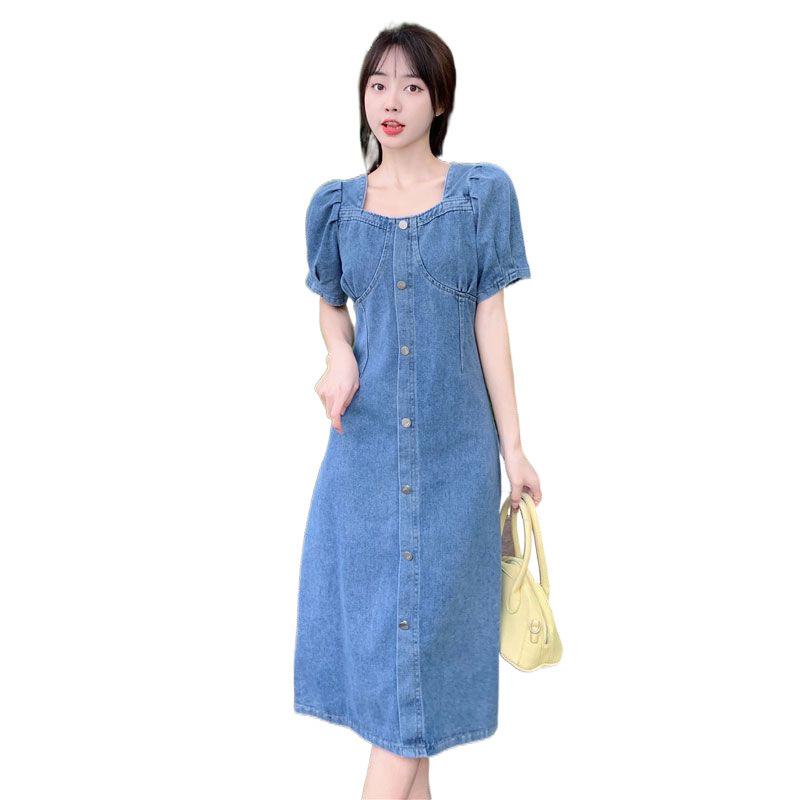 2025 Summer Women's Slim-Fit Denim Dress: Age-Reducing, Waist-Cinching, Short Sleeve, Mid-Length Style